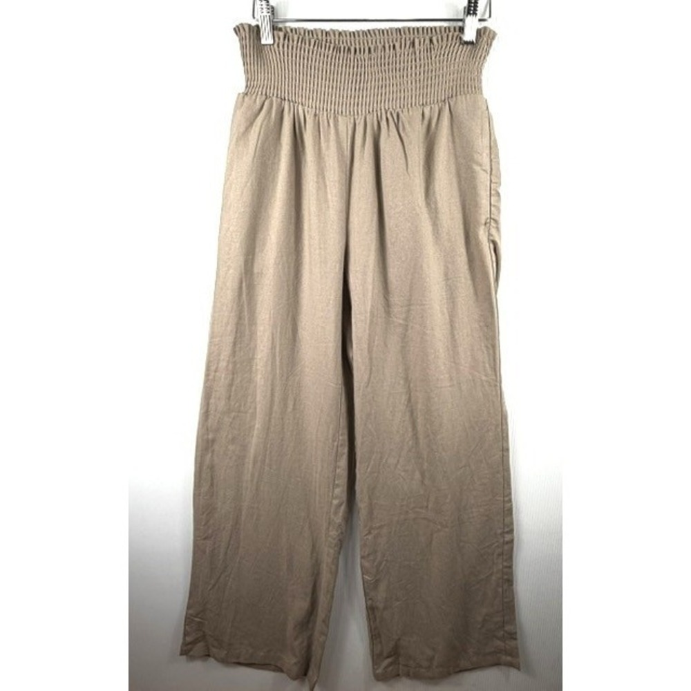 LOVE TREE Women's Linen Blend Pants Med Smocked Waist Wide Leg Tan Boho Beachy